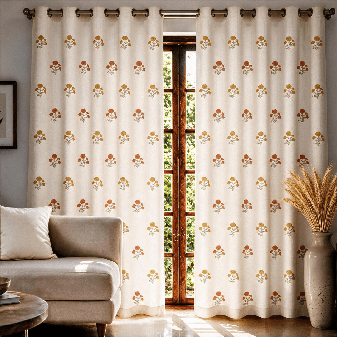 Rust and Yellow Marigold Floral Curtains in 7 Feet | 60 - 65% Room Darkening | Cotton Blend | Machine Washable