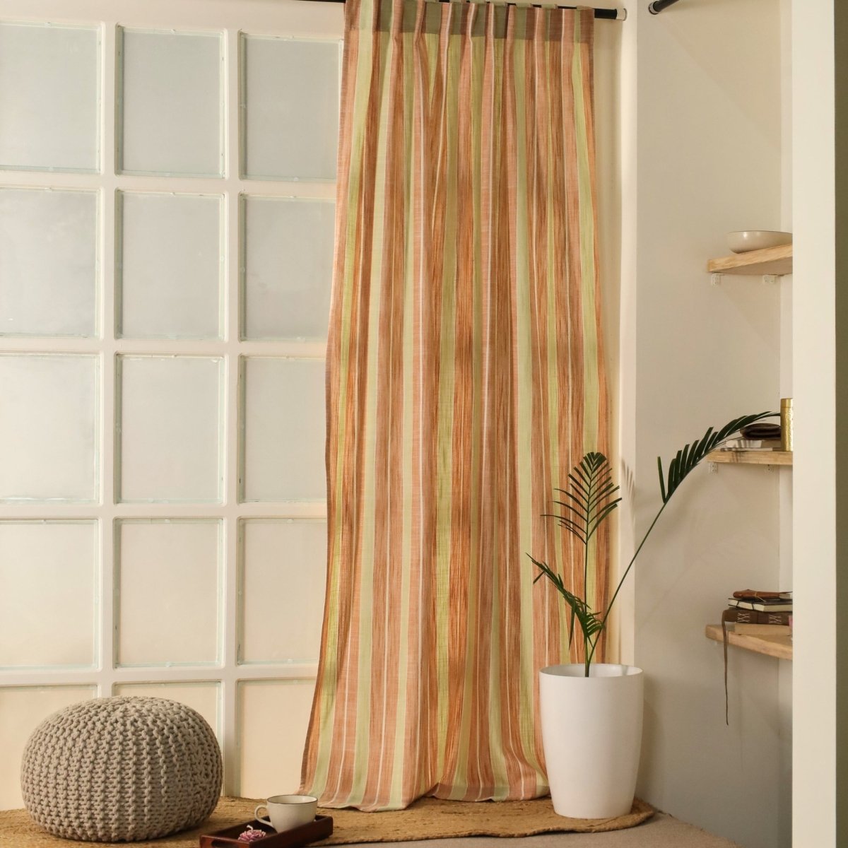 Cotton Curtain in Rust and Green Striped Pattern Handwoven 7 ft and 9 ft Length