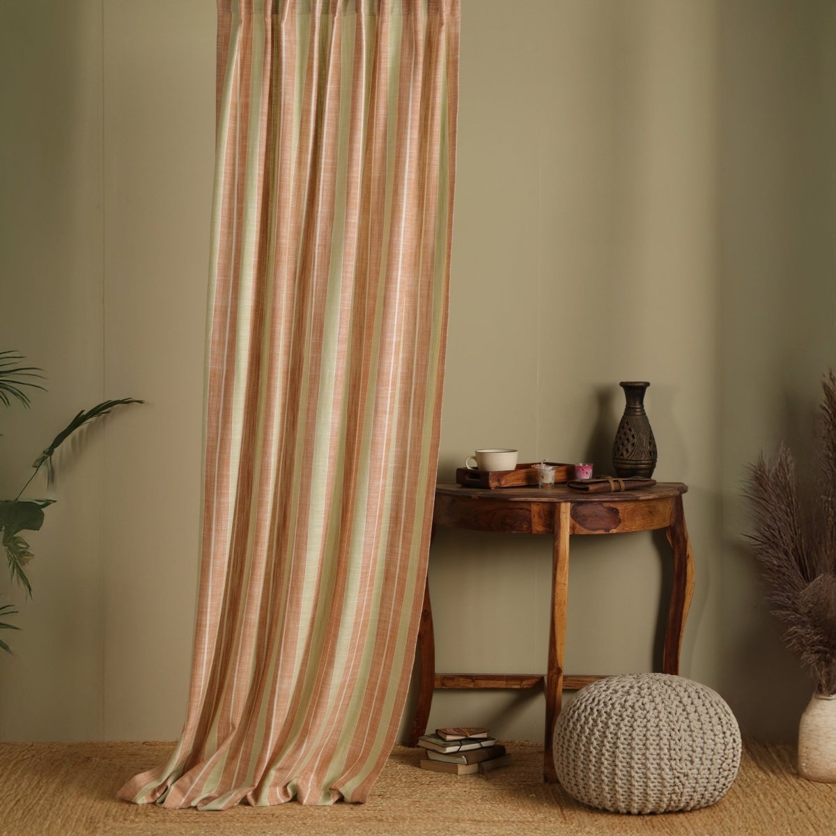 Cotton Curtain in Rust and Green Striped Pattern Handwoven 7 ft and 9 ft Length