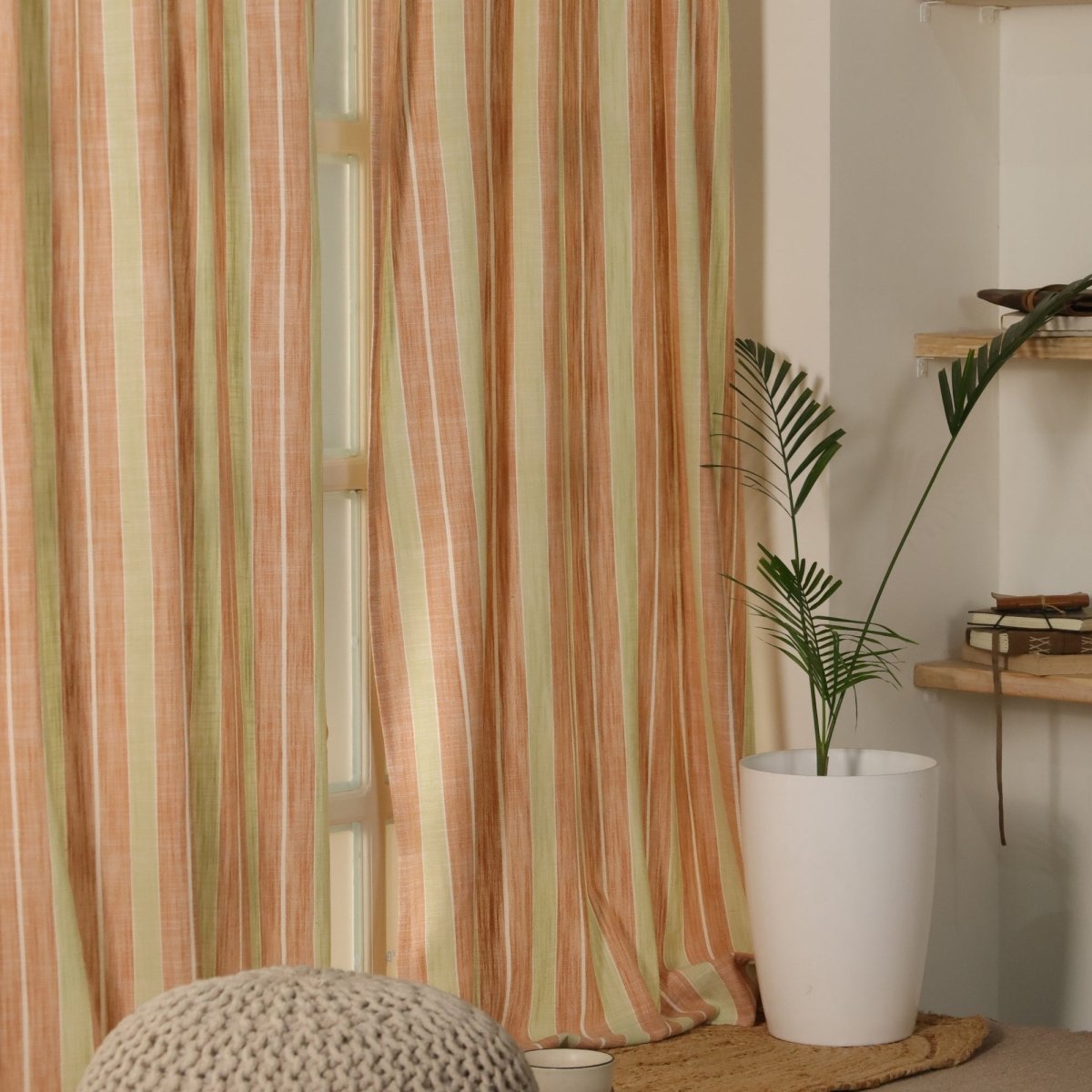 Cotton Curtain in Rust and Green Striped Pattern Handwoven 7 ft and 9 ft Length