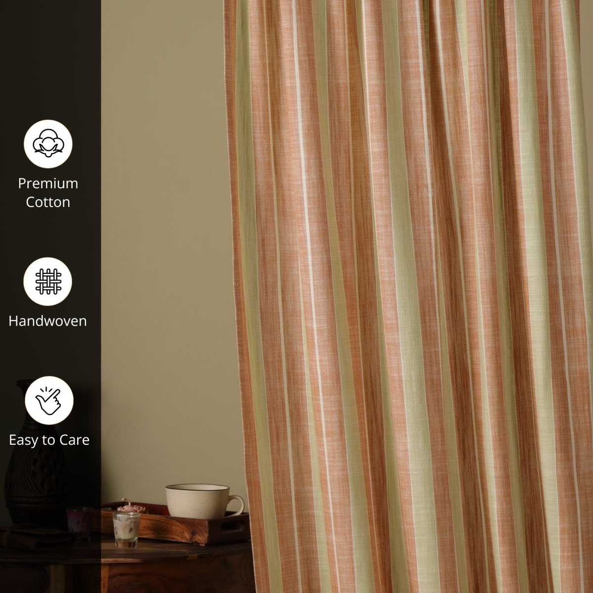 Cotton Curtain in Rust and Green Striped Pattern Handwoven 7 ft and 9 ft Length