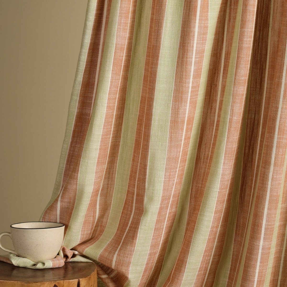 Cotton Curtain in Rust and Green Striped Pattern Handwoven 7 ft and 9 ft Length