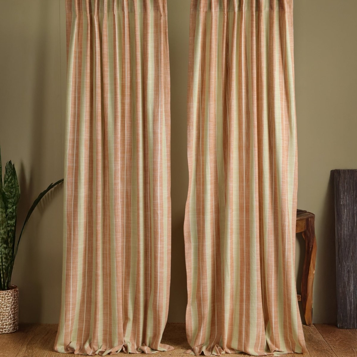 Cotton Curtain in Rust and Green Striped Pattern Handwoven 7 ft and 9 ft Length