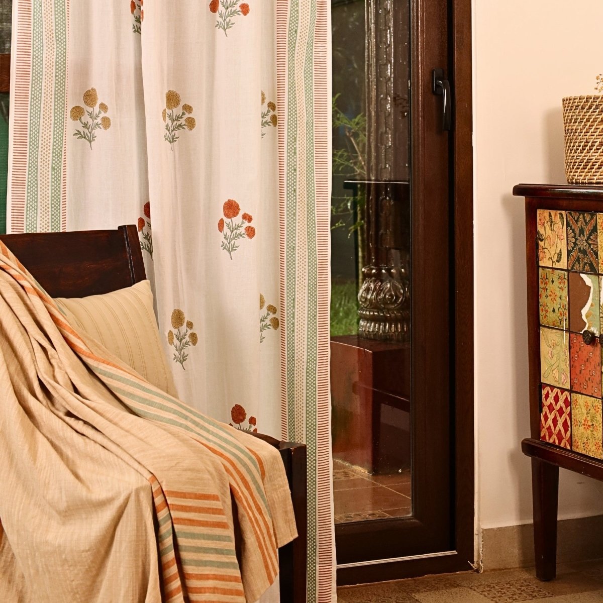 Pure Cotton Sheer Curtains in floral patterns in Rust Mustard and teal colours, available in 5ft and 7ft