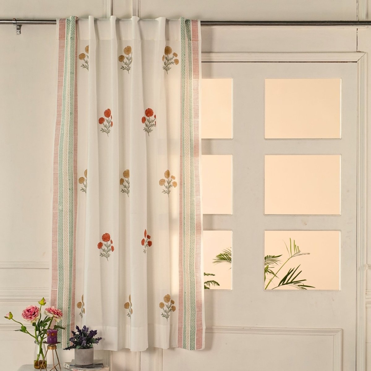 Pure Cotton Sheer Curtains in floral patterns in Rust Mustard and teal colours, available in 5ft and 7ft