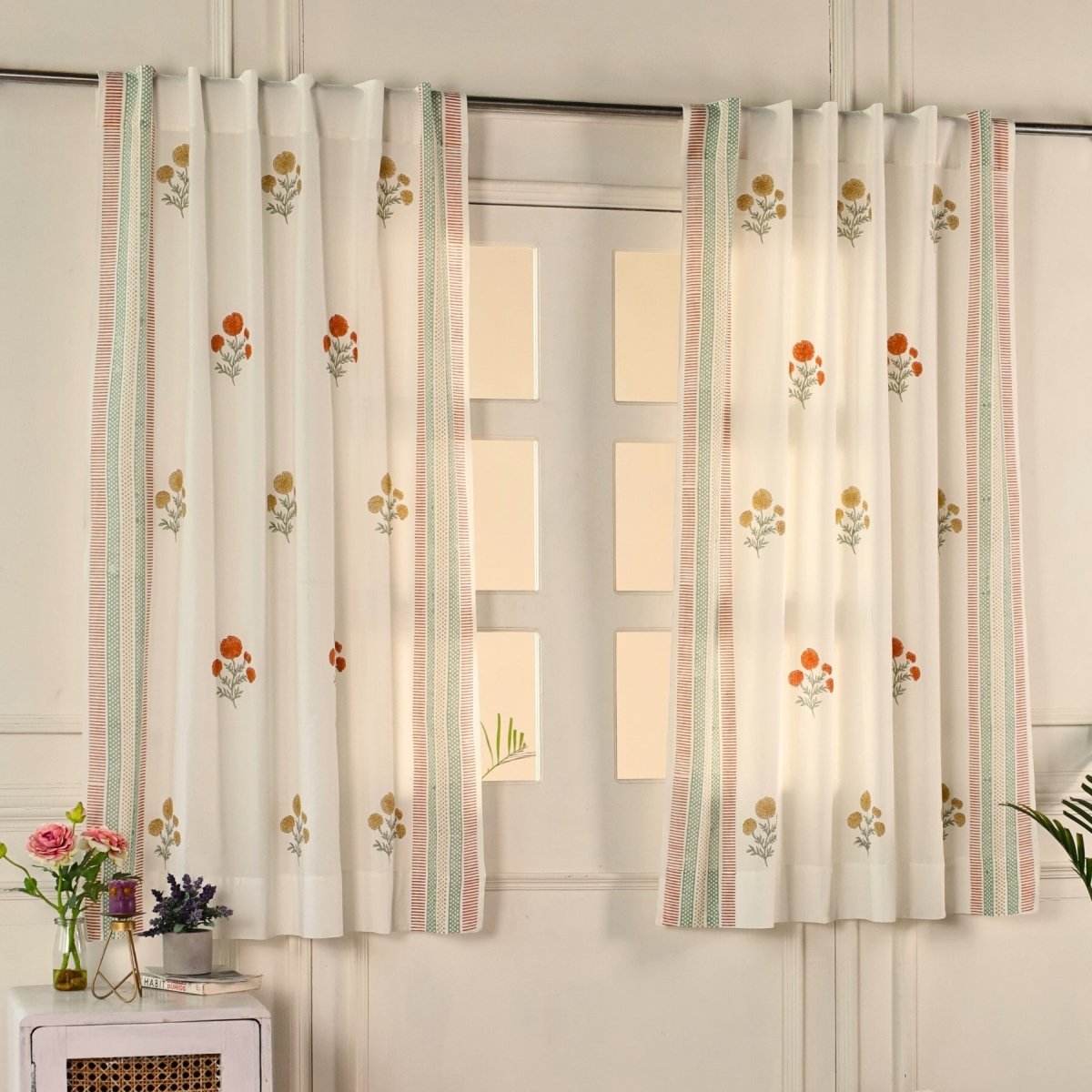 Pure Cotton Sheer Curtains in floral patterns in Rust Mustard and teal colours, available in 5ft and 7ft