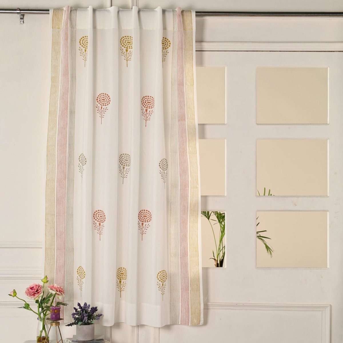 Pure Cotton Sheer Curtains in floral patterns in Rust Mustard and Taupe, available in 5ft and 7ft
