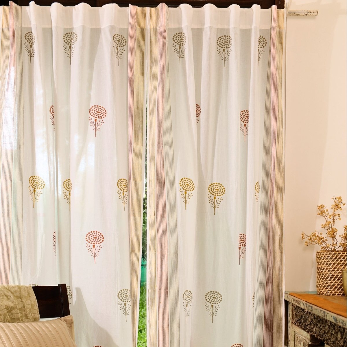 Pure Cotton Sheer Curtains in floral patterns in Rust Mustard and Taupe, available in 5ft and 7ft