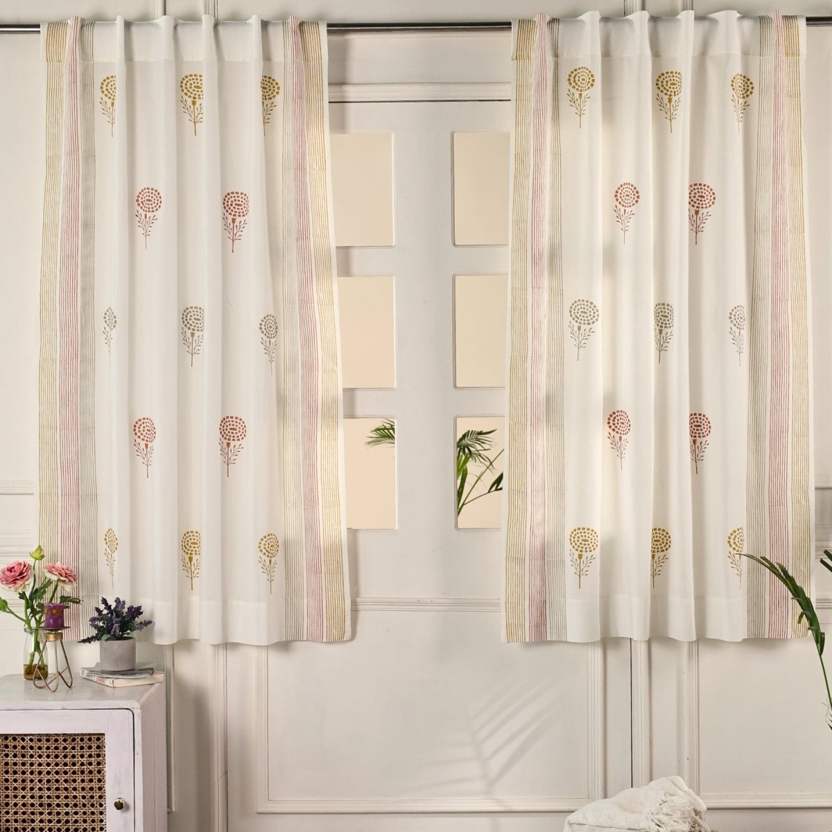 Pure Cotton Sheer Curtains in floral patterns in Rust Mustard and Taupe, available in 5ft and 7ft