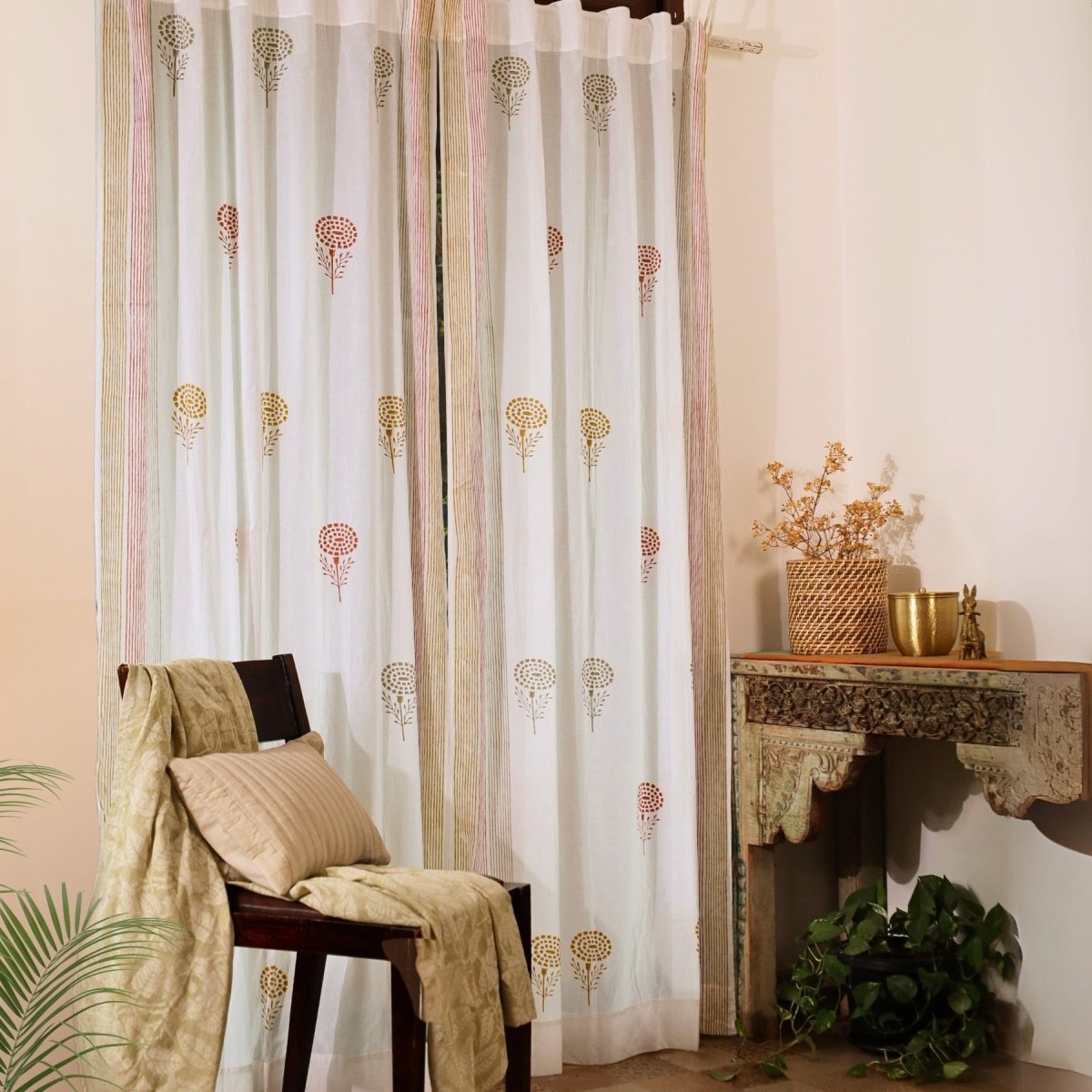 Pure Cotton Sheer Curtains in floral patterns in Rust Mustard and Taupe, available in 5ft and 7ft
