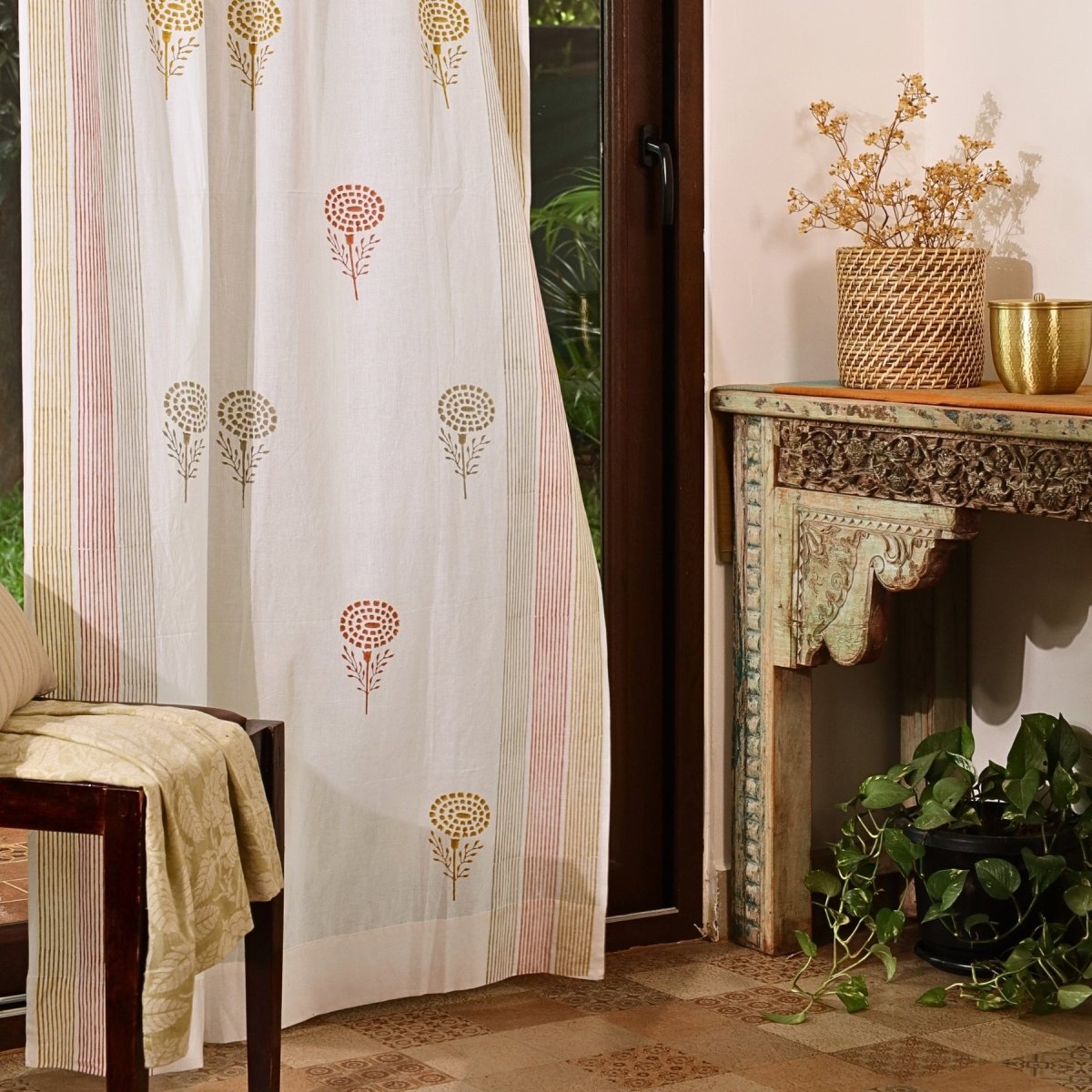 Pure Cotton Sheer Curtains in floral patterns in Rust Mustard and Taupe, available in 5ft and 7ft