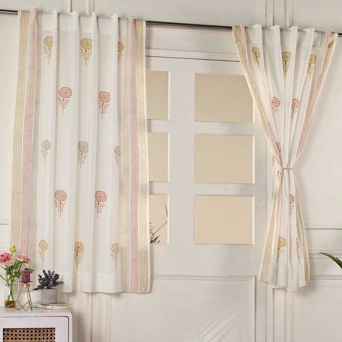 Pure Cotton Sheer Curtains in floral patterns in Rust Mustard and Taupe, available in 5ft and 7ft