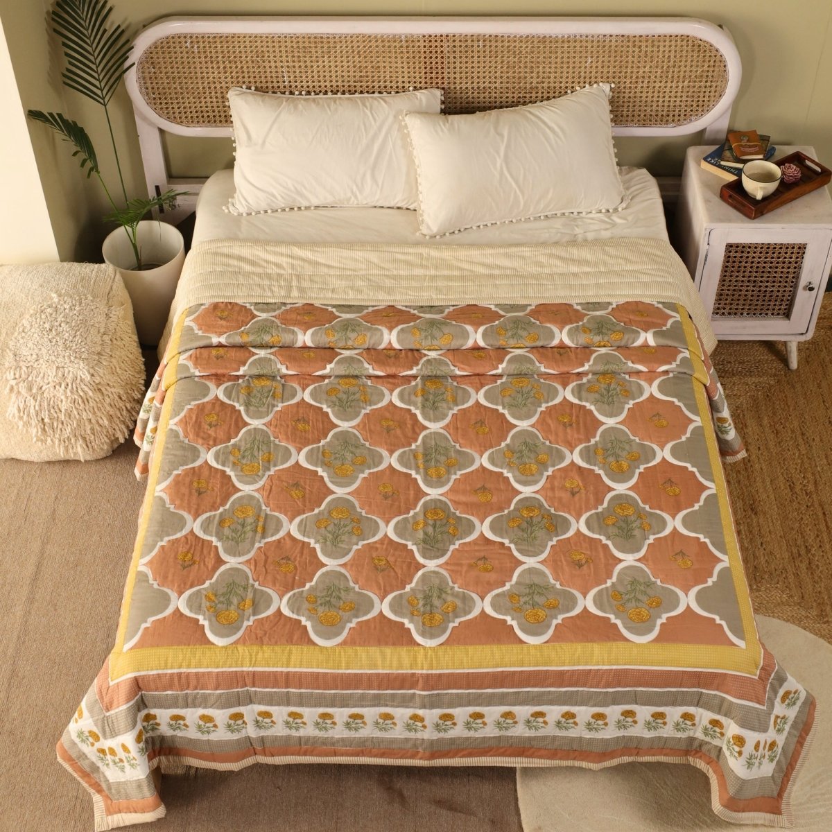 AC Comforter in 100% Cotton Mulmul Handprinted in Rust and Taupe with Marigold Flowers| Lightweight Soft and Breathable AC Blanket