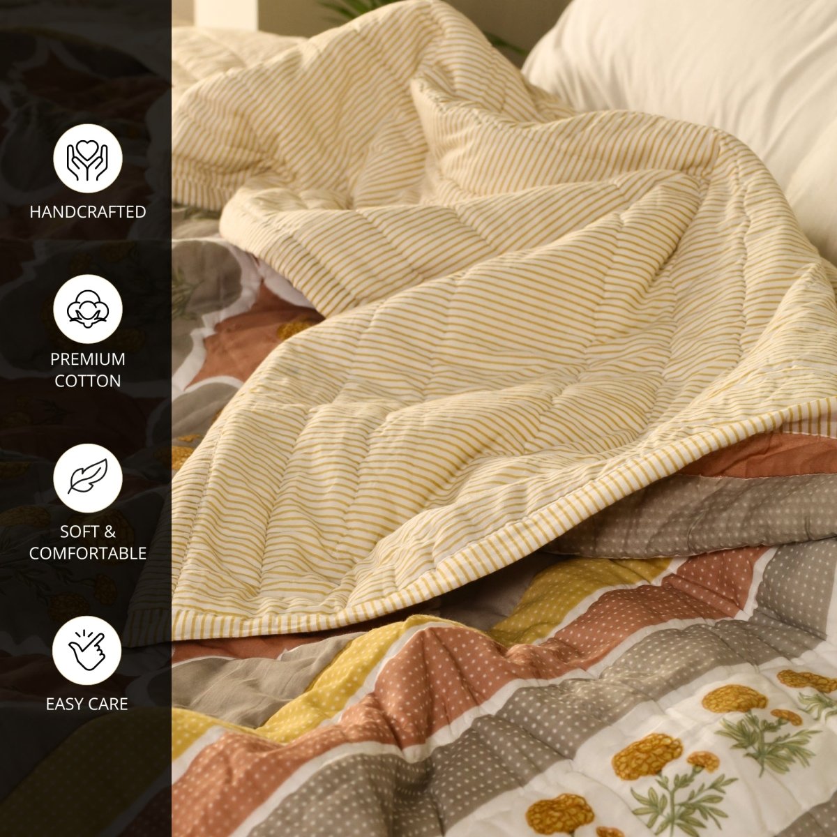 AC Comforter in 100% Cotton Mulmul Handprinted in Rust and Taupe with Marigold Flowers| Lightweight Soft and Breathable AC Blanket
