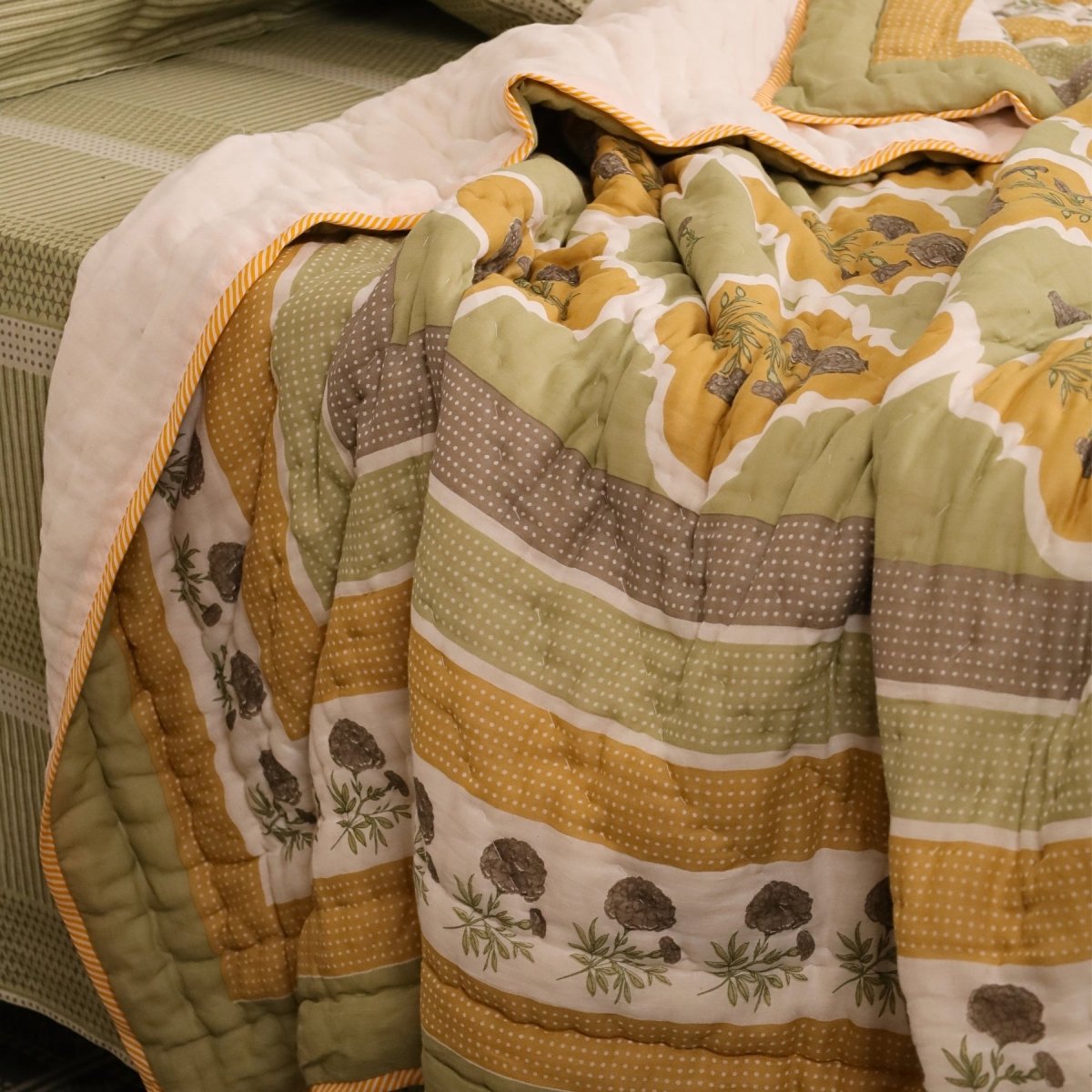 AC Comforter in 100% Cotton Mulmul Handprinted in Sage Green and Mustard| Lightweight Soft and Breathable AC Blanket