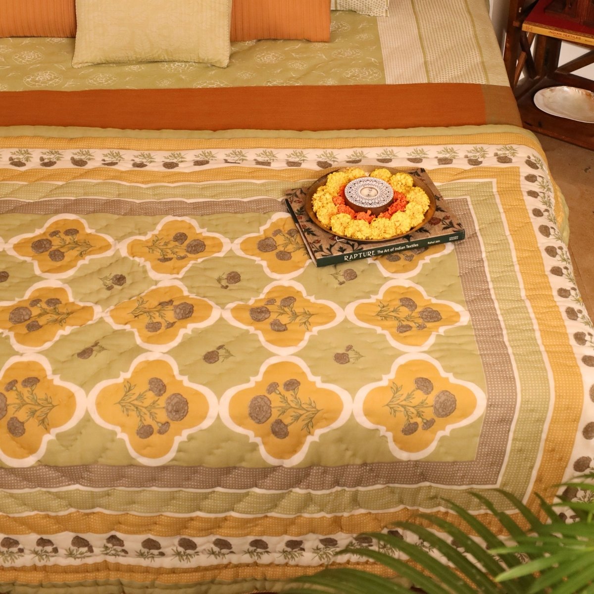 AC Comforter in 100% Cotton Mulmul Handprinted in Sage Green and Mustard| Lightweight Soft and Breathable AC Blanket