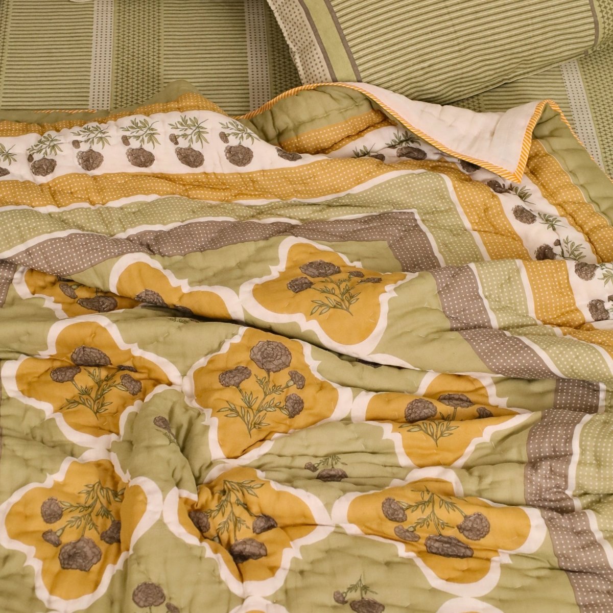 AC Comforter in 100% Cotton Mulmul Handprinted in Sage Green and Mustard| Lightweight Soft and Breathable AC Blanket