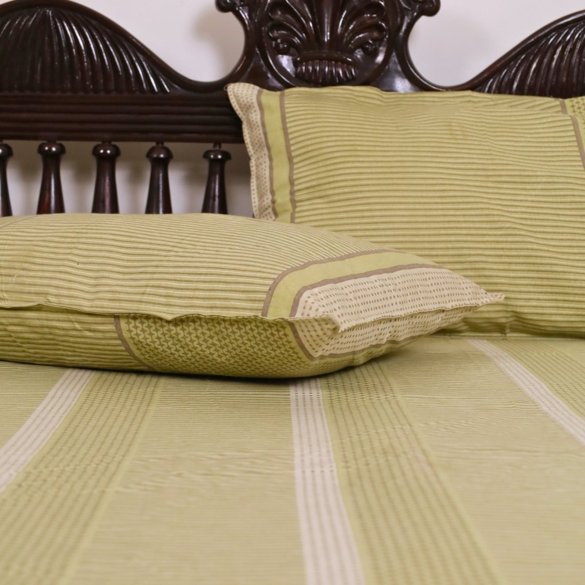 Cotton Bedsheet and Pillow Cover in Textured Sage Green and White