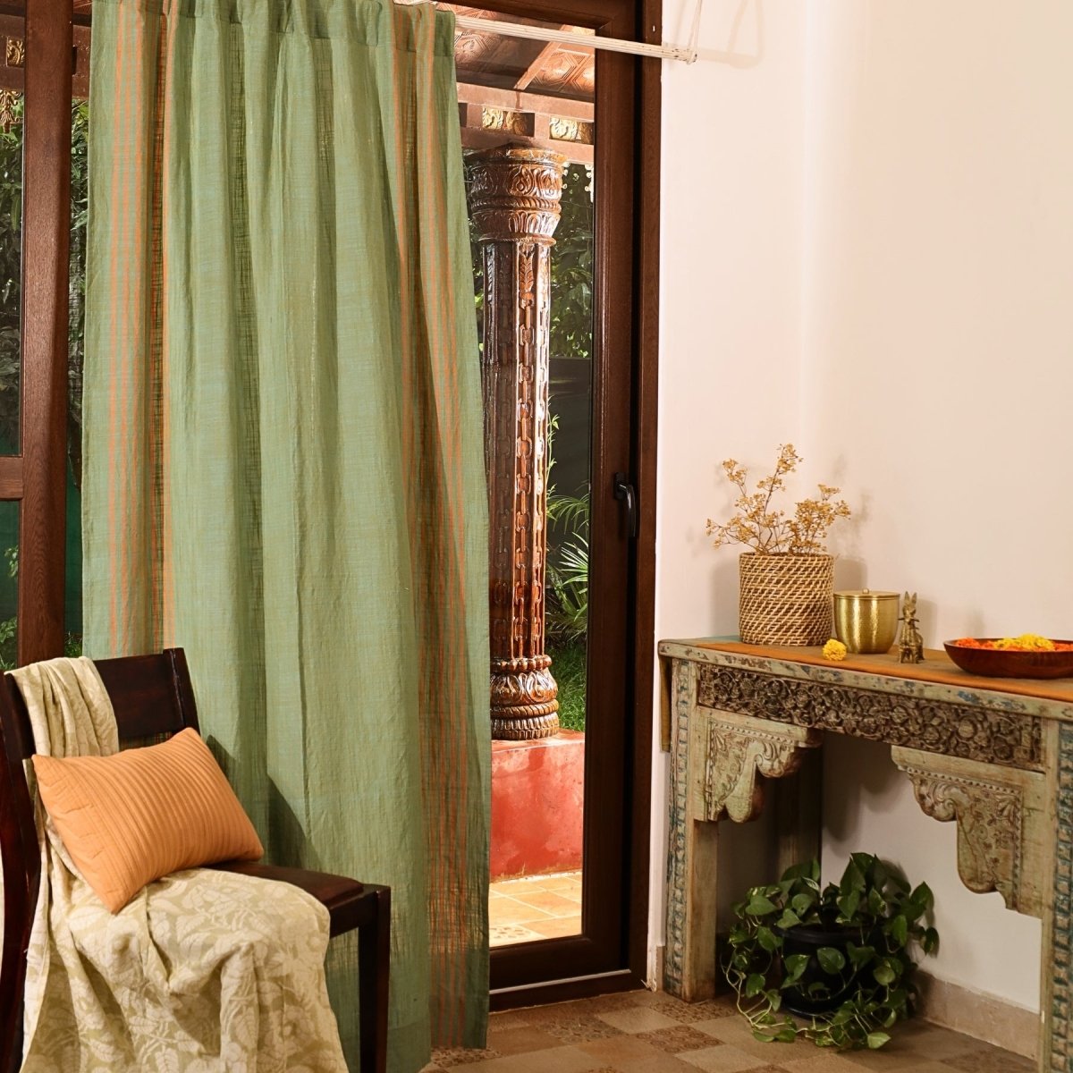 Pure Cotton Semi Blackout Curtains in Sage and Teal colour with 60% light blocking | Best curtains for living room