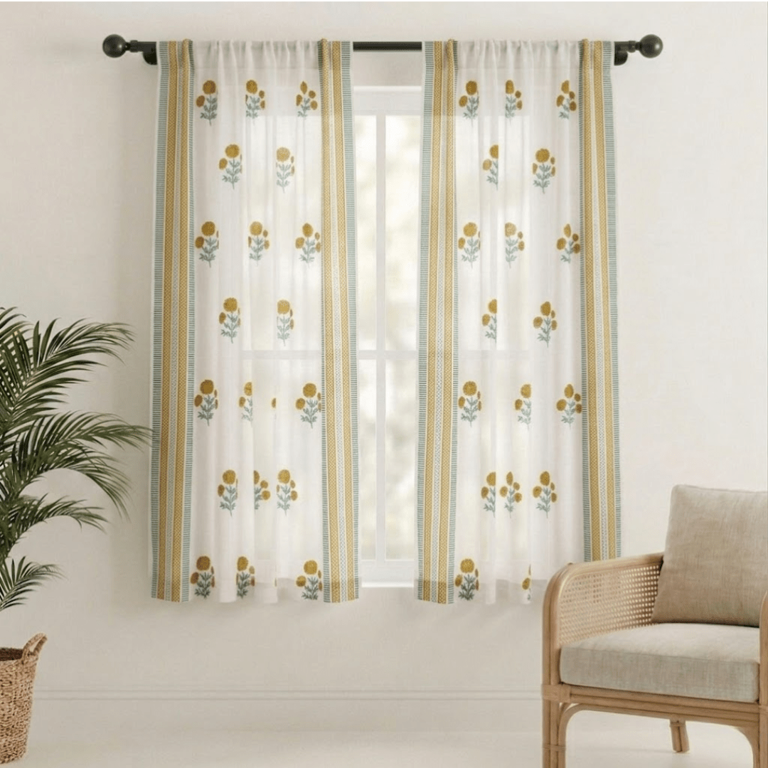 Pure Cotton Sheer Curtains in floral patterns in mustard and teal colours, available in 5ft and 7ft