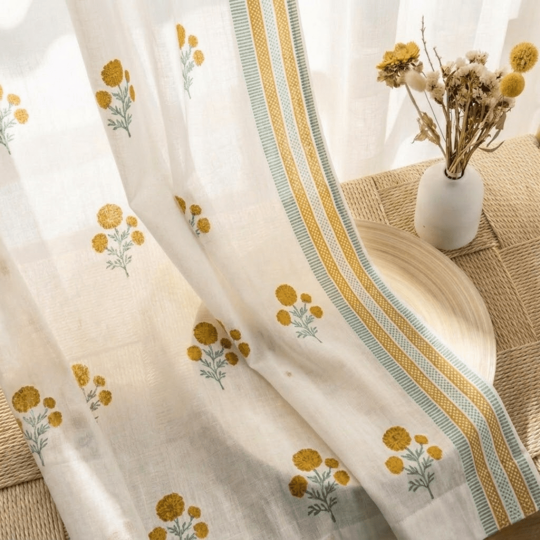 Pure Cotton Sheer Curtains in floral patterns in mustard and teal colours, available in 5ft and 7ft