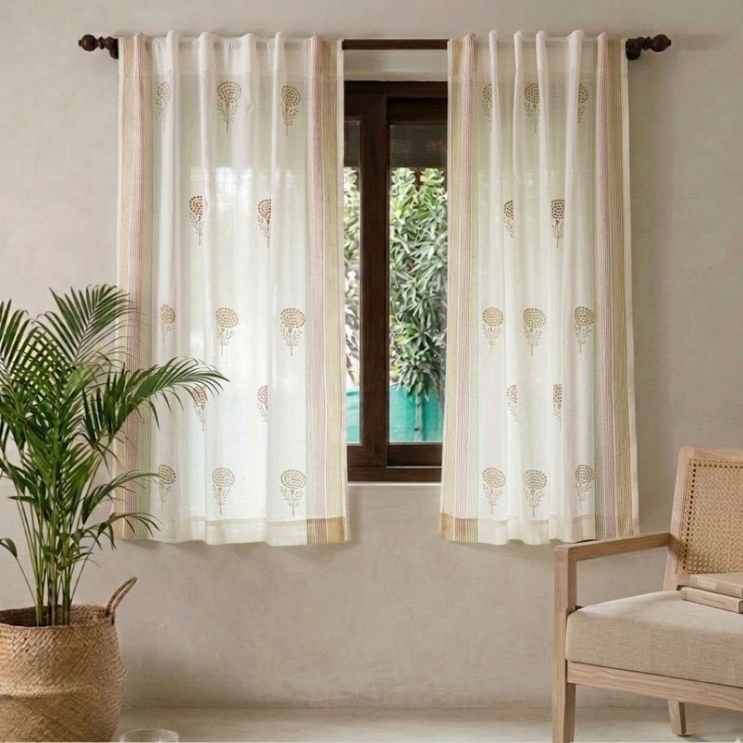 Pure Cotton Sheer Curtains in floral patterns in Rust Mustard and Taupe, available in 5ft and 7ft