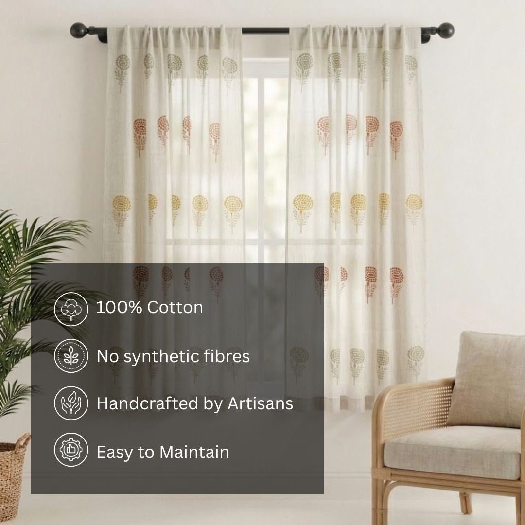 Pure Cotton Sheer and solid Curtains set in Sage, Rust, Mustard and Teal Colours, available in 5ft and 7ft