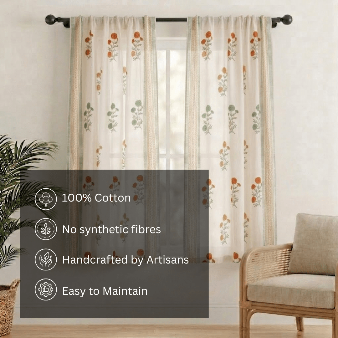 Pure Cotton Sheer Curtains in floral patterns in teal and mustard colours, available in 5ft and 7ft