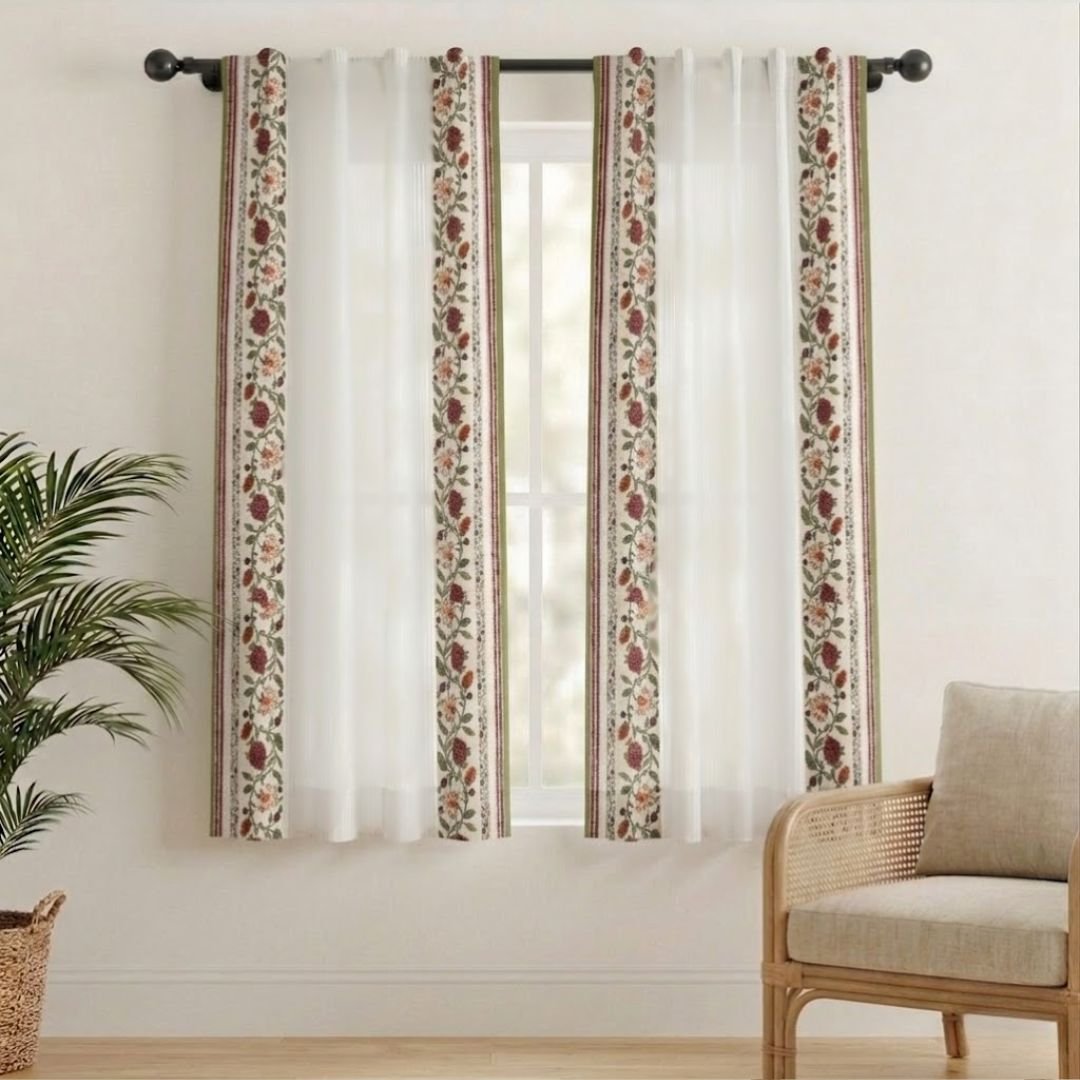 Pure Cotton Sheer Curtains in floral patterns, available in 5ft and 7ft