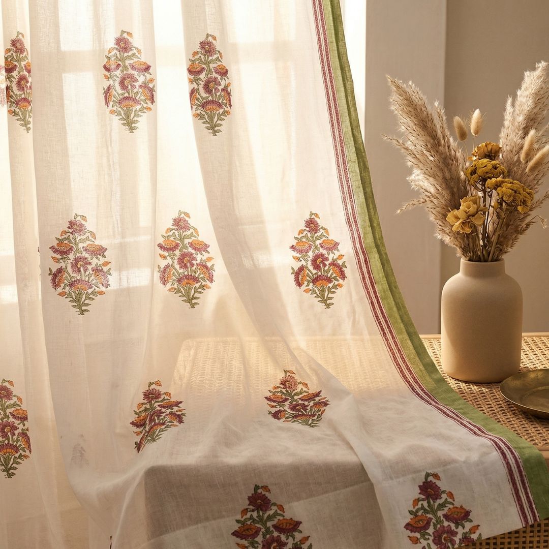 Pure Cotton Sheer Curtains in floral patterns, available in 5ft and 7ft
