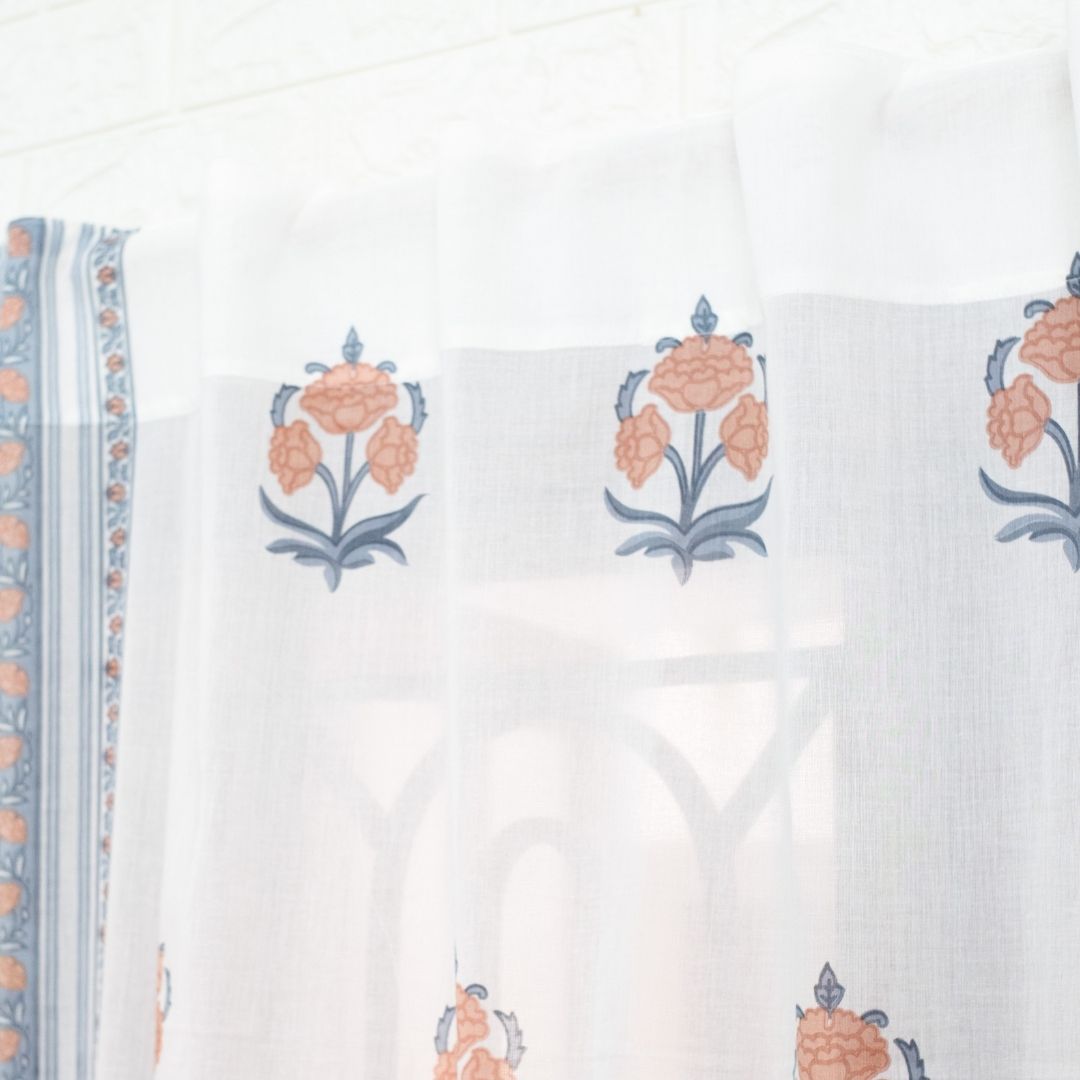 Pure Cotton Sheer Curtains hand printed in blue and peach colour | Best curtains for living room