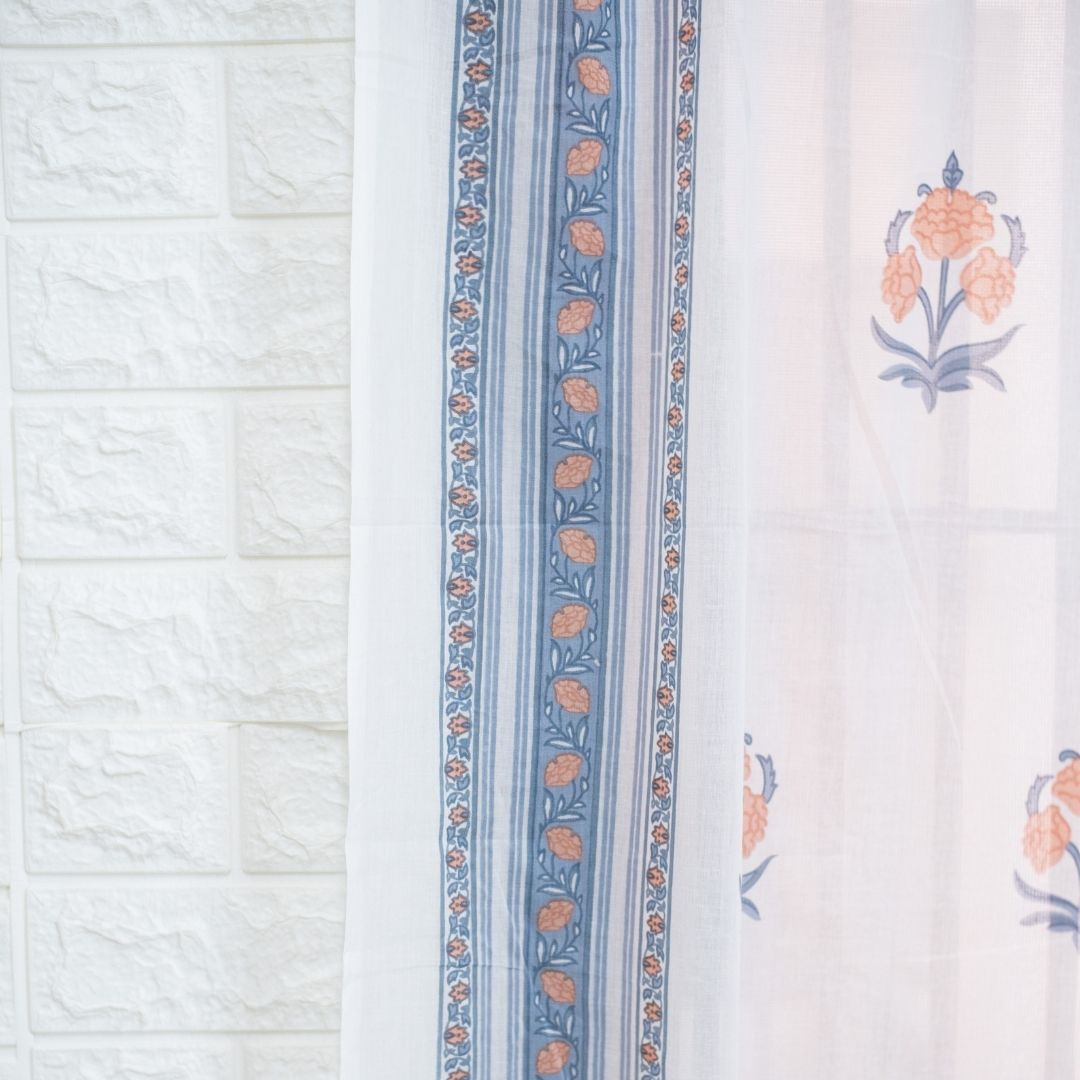 Pure Cotton Sheer Curtains hand printed in blue and peach colour | Best curtains for living room