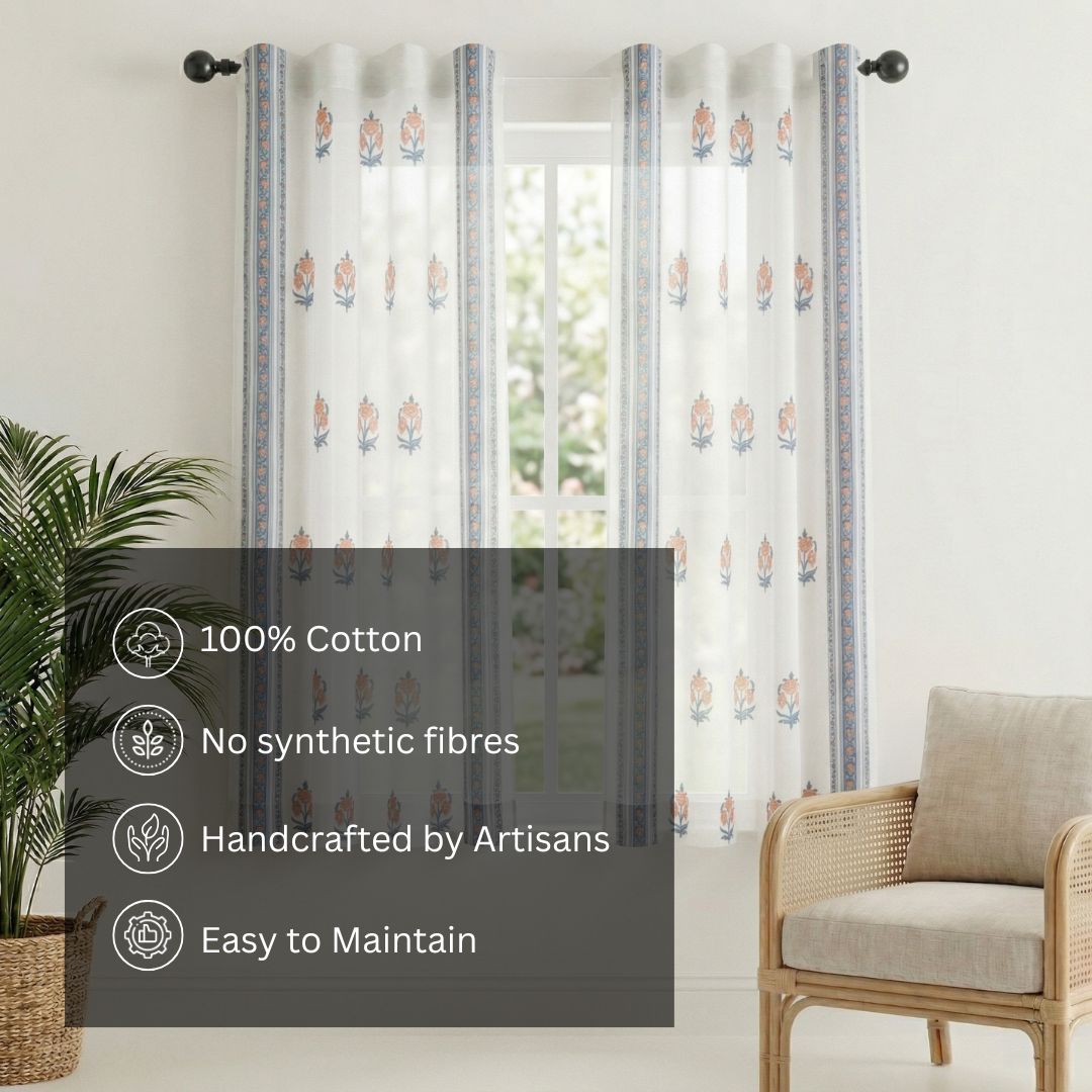 Pure Cotton Sheer Curtains hand printed in blue and peach colour | Best curtains for living room