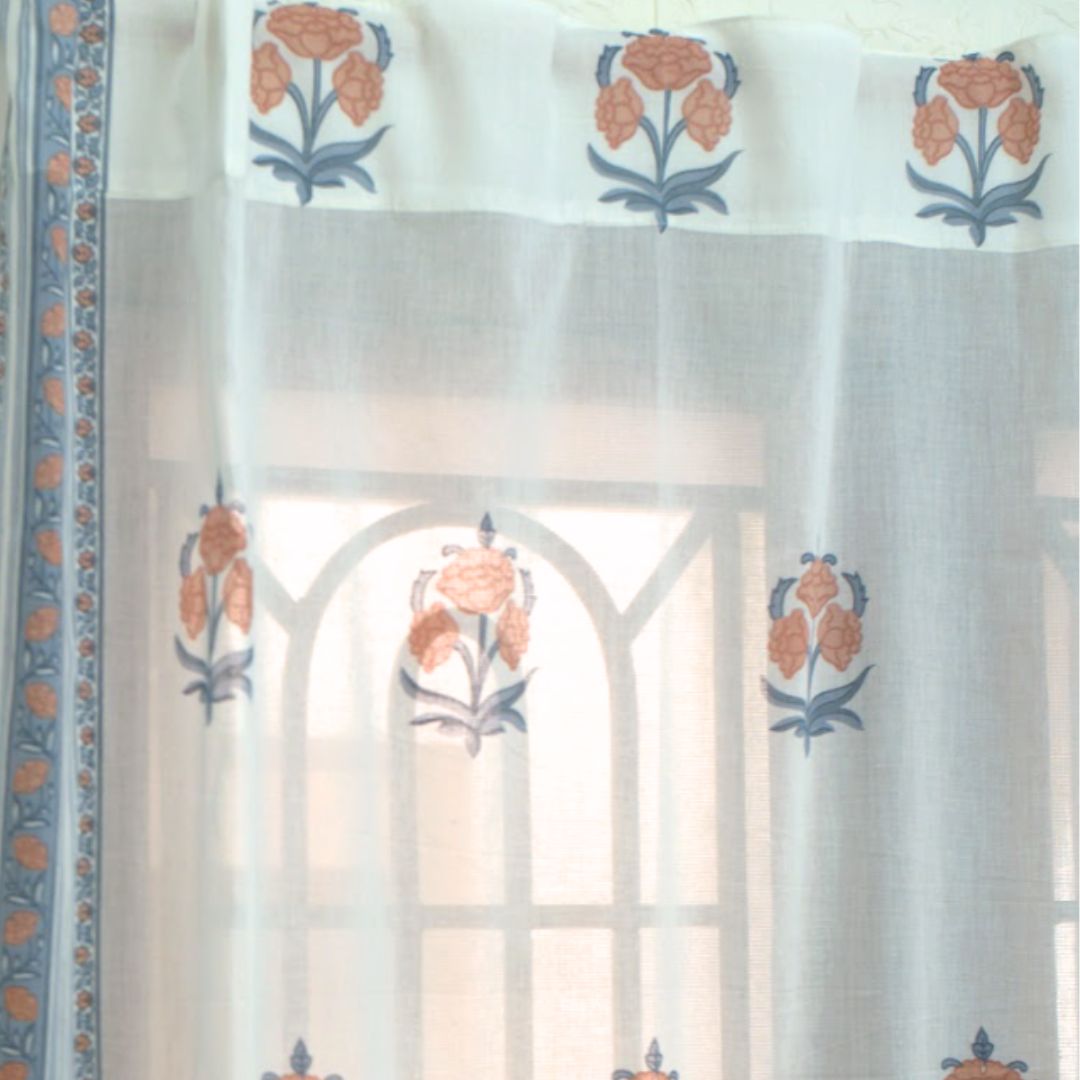 Pure Cotton Sheer Curtains hand printed in blue and peach colour | Best curtains for living room