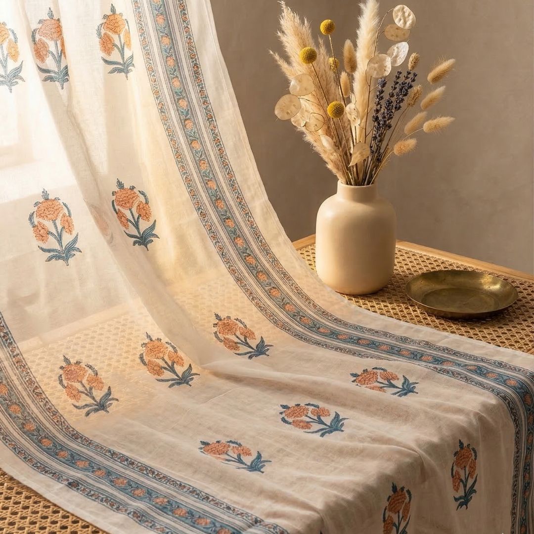 Pure Cotton Sheer Curtains hand printed in blue and peach colour | Best curtains for living room