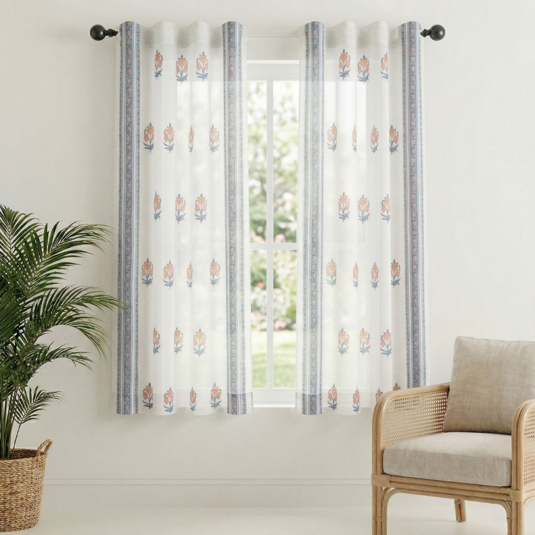 Pure Cotton Sheer Curtains hand printed in blue and peach colour | Best curtains for living room