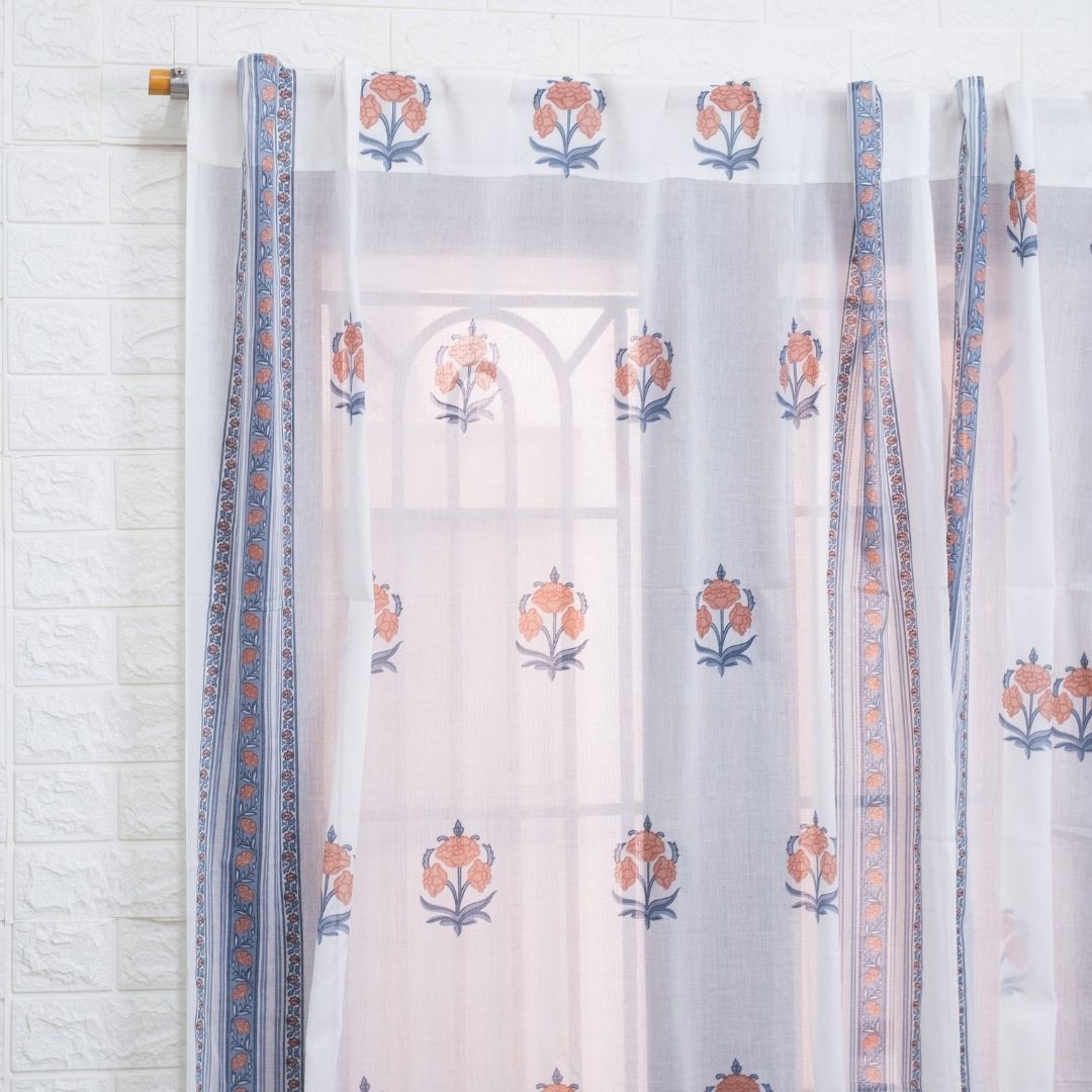 Pure Cotton Sheer Curtains hand printed in blue and peach colour | Best curtains for living room