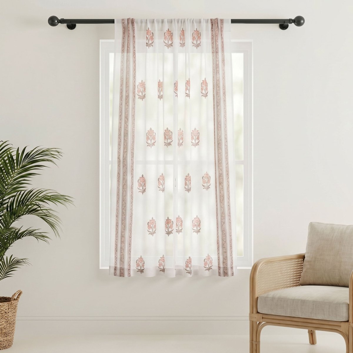 Pure Cotton Sheer Curtains Dusty Pink & Off White | Peepul Tree 5ft, 7ft and 8ft| Available in Set of 1 and 2