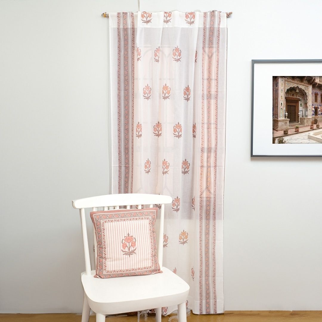 Pure Cotton Sheer Curtains Dusty Pink & Off White | Peepul Tree 5ft, 7ft and 8ft| Available in Set of 1 and 2