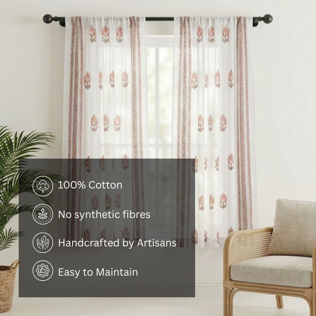 Pure Cotton Sheer Curtains Dusty Pink & Off White | Peepul Tree 5ft, 7ft and 8ft| Available in Set of 1 and 2