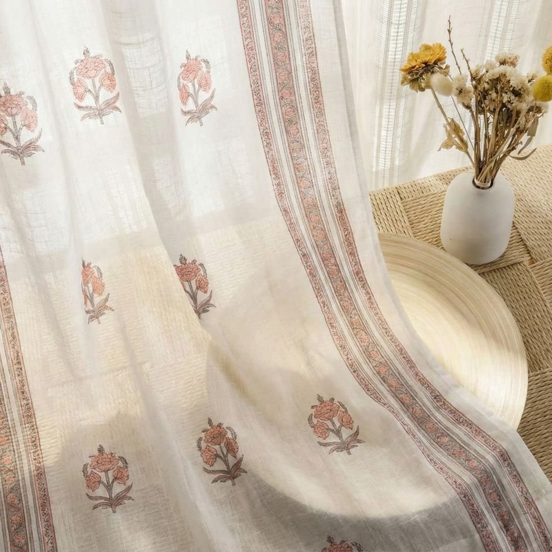 Pure Cotton Sheer Curtains Dusty Pink & Off White | Peepul Tree 5ft, 7ft and 8ft| Available in Set of 1 and 2