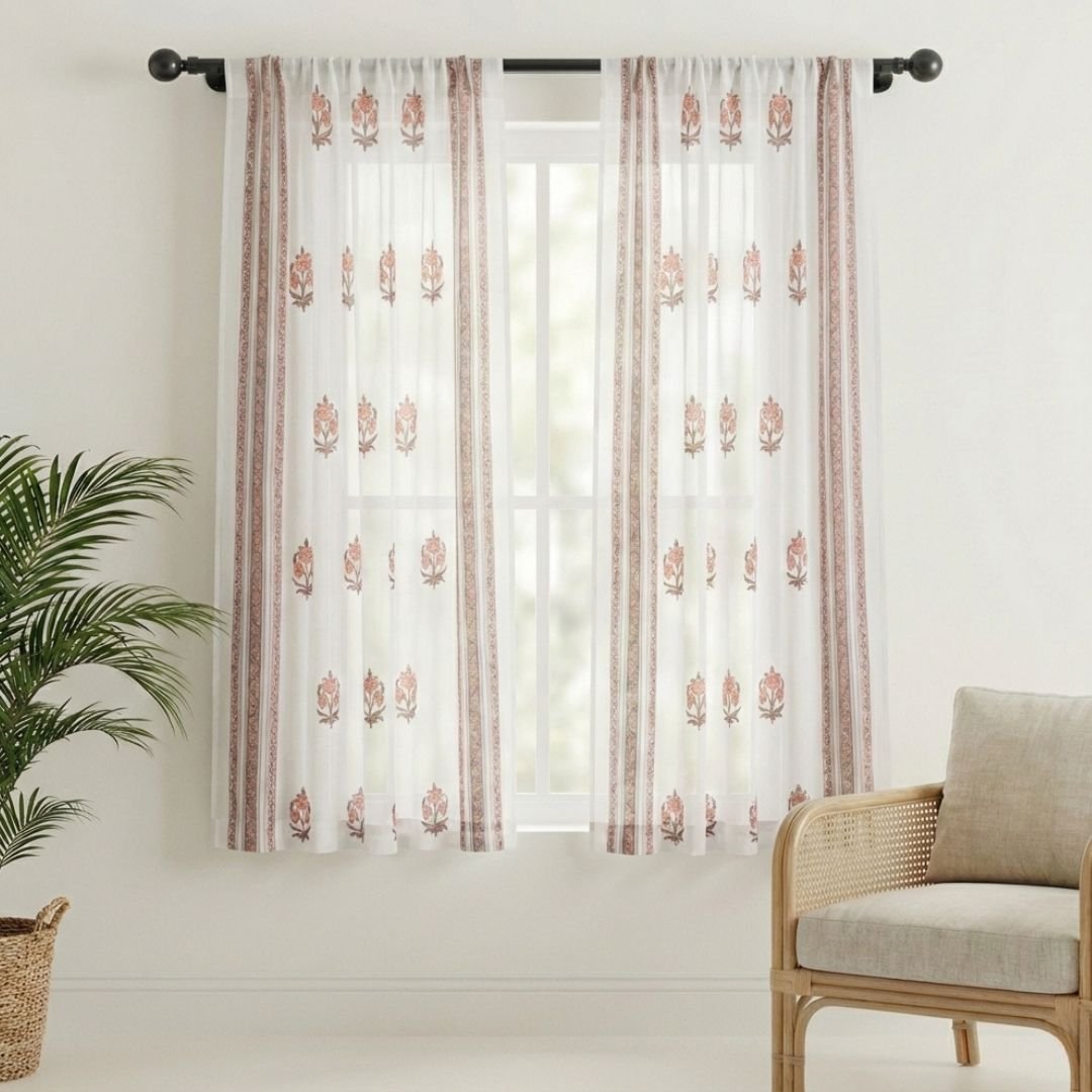 Pure Cotton Sheer Curtains Dusty Pink & Off White | Peepul Tree 5ft, 7ft and 8ft| Available in Set of 1 and 2