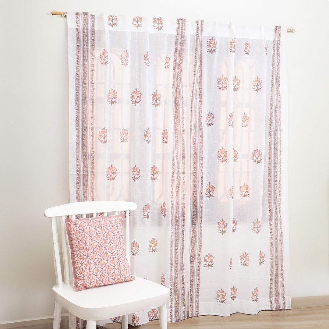 Pure Cotton Sheer Curtains Dusty Pink & Off White | Peepul Tree 5ft, 7ft and 8ft| Available in Set of 1 and 2