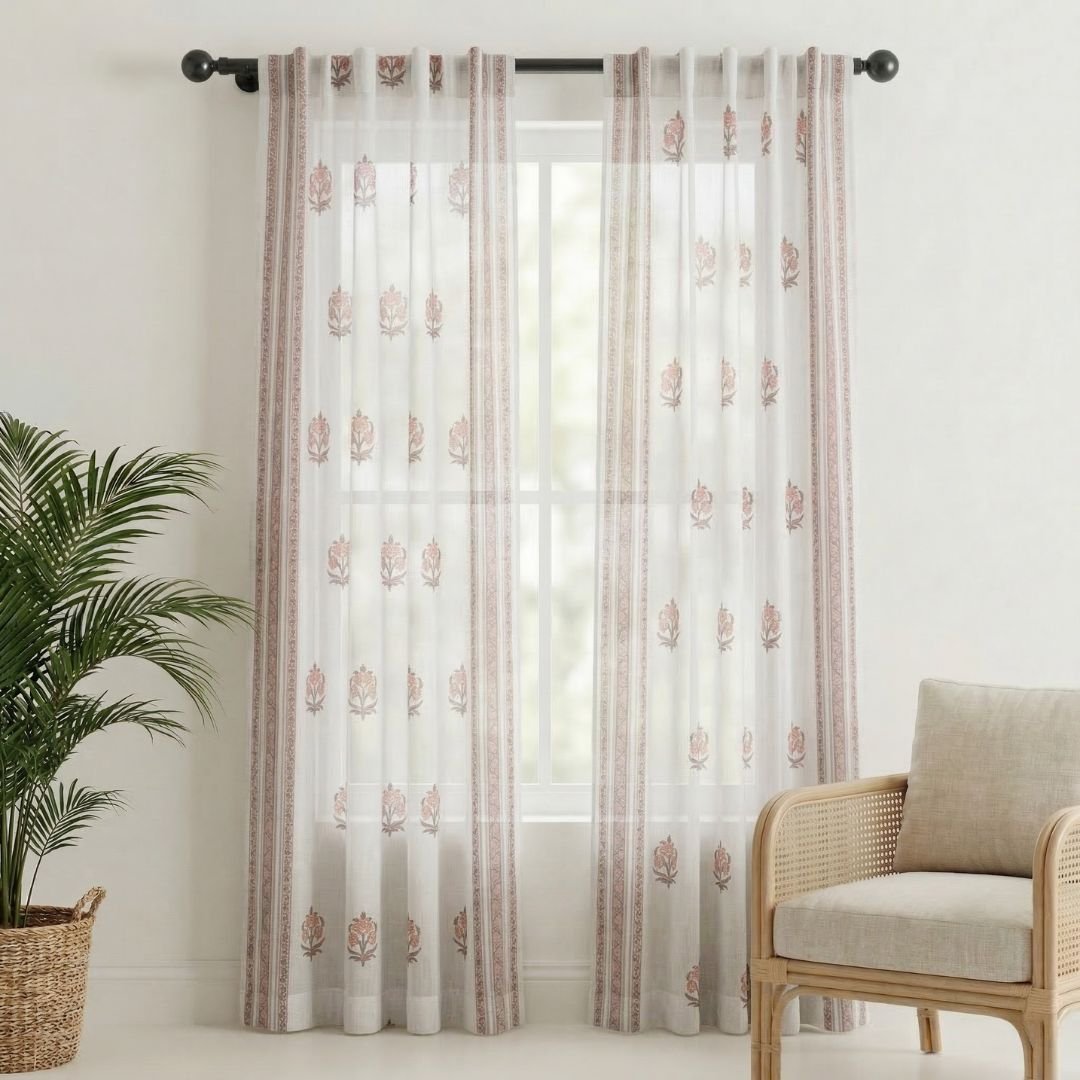 Pure Cotton Sheer Curtains Dusty Pink & Off White | Peepul Tree 5ft, 7ft and 8ft| Available in Set of 1 and 2