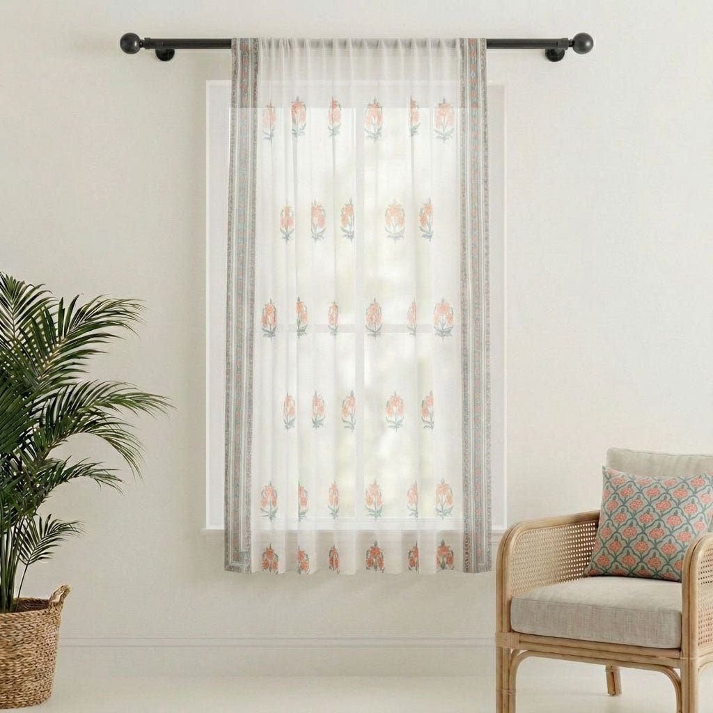 Pure Cotton Sheer Curtains hand printed in green and pink colour | Best curtains for living room