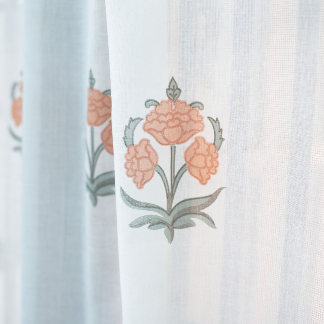 Pure Cotton Sheer Curtains hand printed in green and pink colour | Best curtains for living room