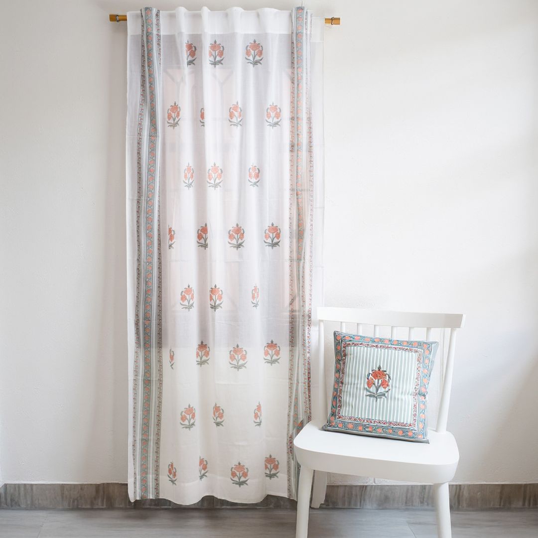 Pure Cotton Sheer Curtains hand printed in green and pink colour | Best curtains for living room