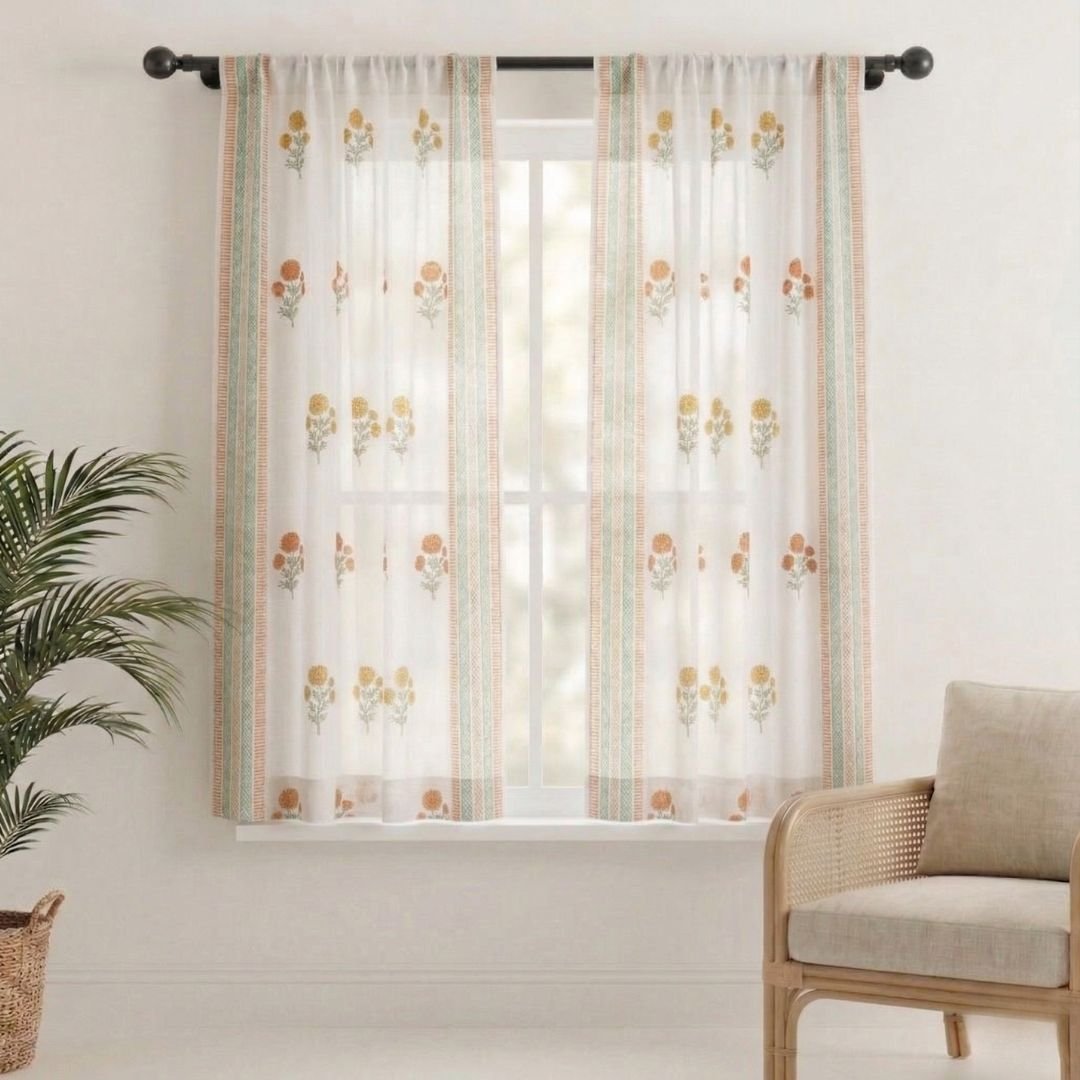 Pure Cotton Sheer Curtains in floral patterns in Rust Mustard and teal colours, available in 5ft and 7ft
