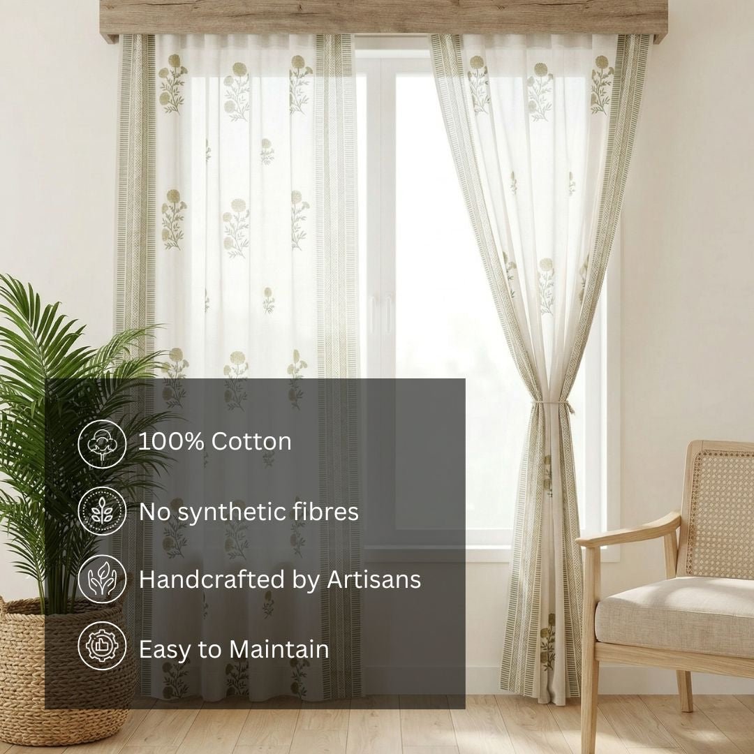 Pure Cotton Sheer Curtains in floral patterns in taupe and olive green colours, available in 5ft and 7ft in both set of 1 and 2