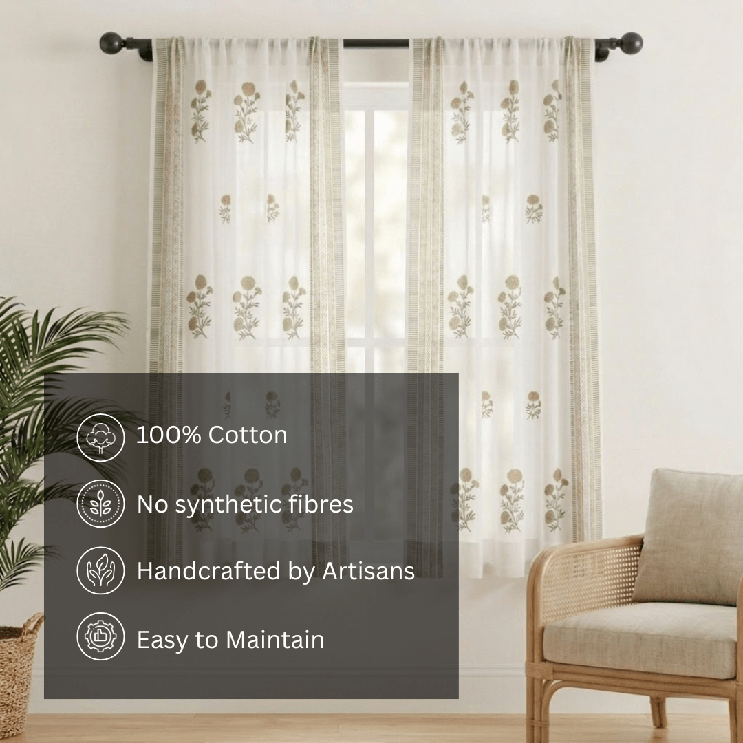 Pure Cotton Sheer Curtains in floral patterns in taupe and olive green colours, available in 5ft and 7ft in both set of 1 and 2